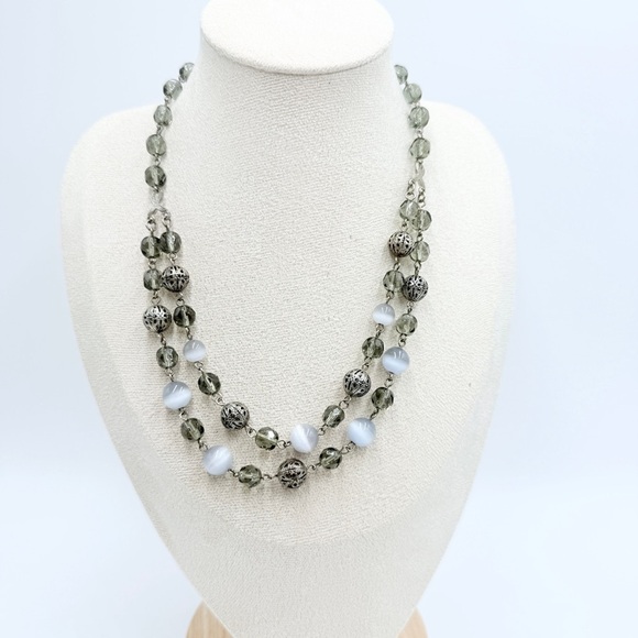 Gemstone Jewelry - Tiger Eye Stone & Crystal Beaded Double-Strand Necklace Silver Filigree Accents